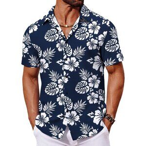 Haiwilian Mens Hawaiian Shirt Navy White Floral Casual Short Sleeve Beach Top
